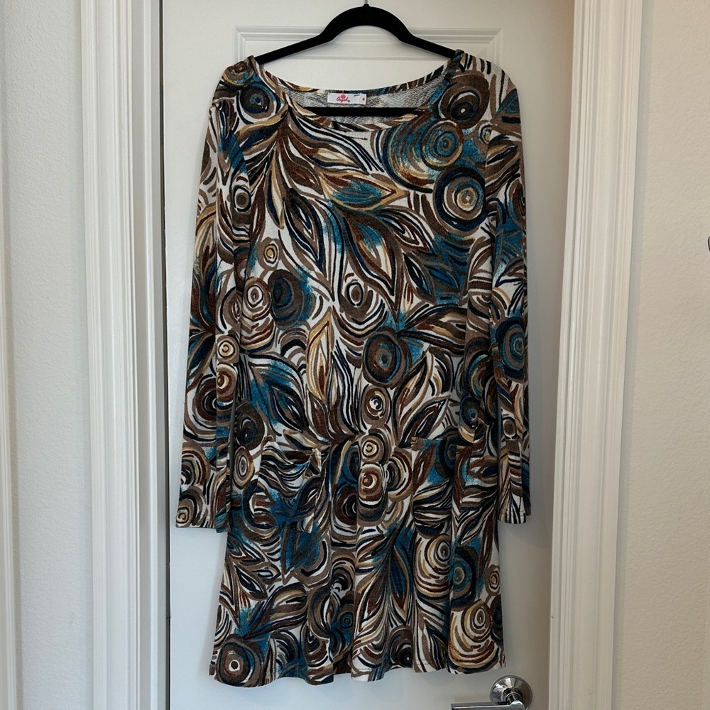 Aryeh Blue and Brown Patterned Long Sleeve Dress